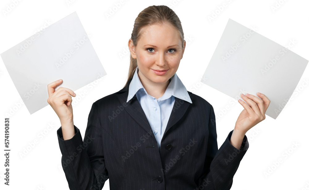 Young Businesswoman Holding Two Blank Sheets of Paper - Isolated Young Businesswoman Holding Two Blank Sheets of Paper - Isolated