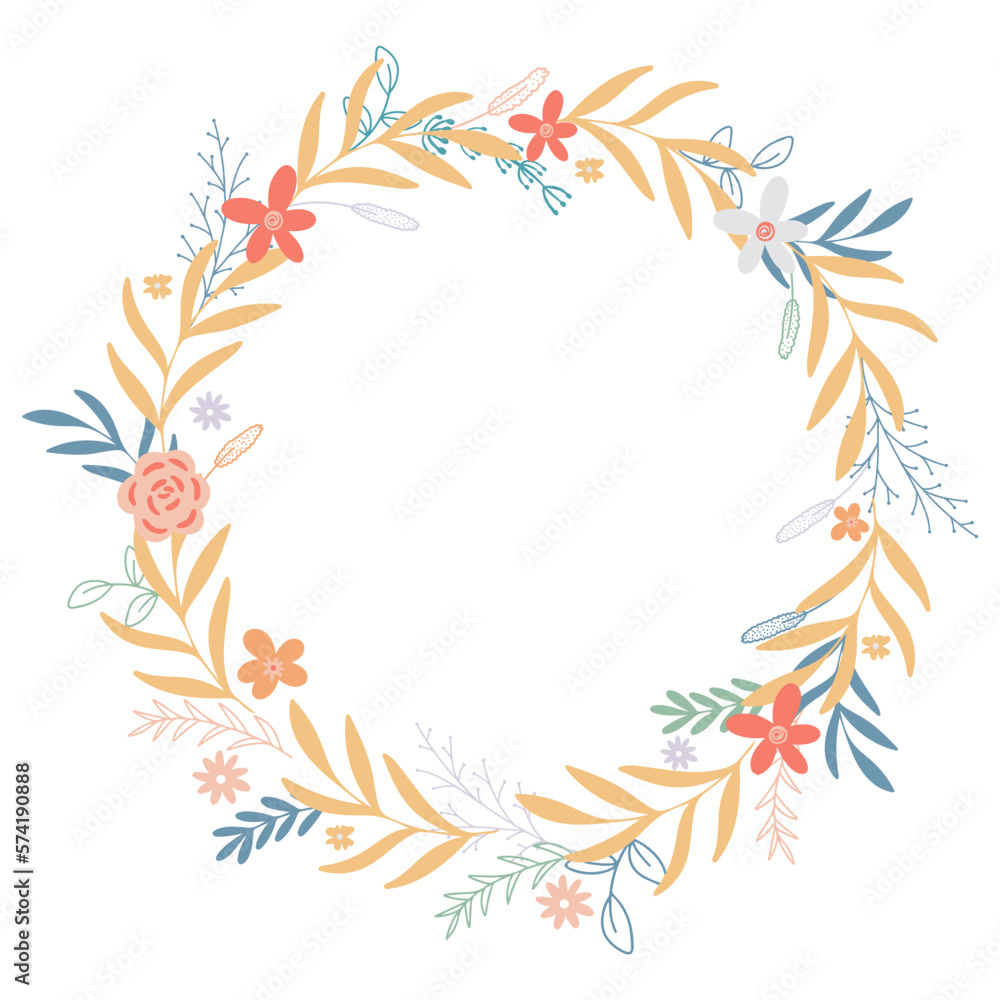 Rustic wreath for invitation, postcard, brochure, advertisement and more. Delicate floral leafy rim. Flowers, herbs and foliage in circle frame. Spring or summer botanical template, isolated vector