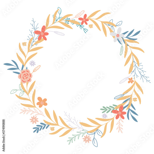 Rustic wreath for invitation, postcard, brochure, advertisement and more. Delicate floral leafy rim. Flowers, herbs and foliage in circle frame. Spring or summer botanical template, isolated vector