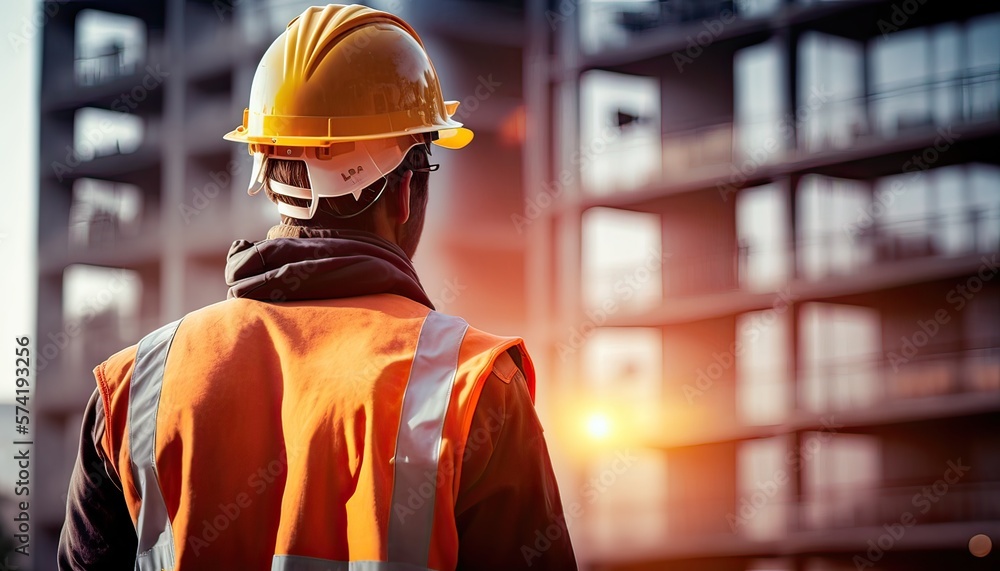 Construction concept. at back of the construction worker head which is wearing the safety helmet and checking work at the construction site. Non-existent person. Generative Ai Construction concept. at back of the construction worker head which is wearing the safety helmet and checking work at the construction site. Non-existent person. Generative Ai