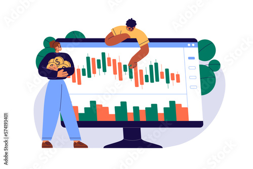 Investors trading on stock market, investing money, analyzing candle bars, financial candlestick graphs at computer. Finance concept. Flat graphic vector illustration isolated on white background