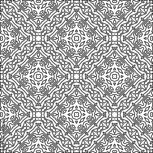 Fototapeta Naklejka Na Ścianę i Meble -  
 Monochrome ornamental texture with smooth linear shapes, zigzag lines, lace pattern.Abstract geometric black and white pattern for web page, textures, card, poster, fabric, textile.