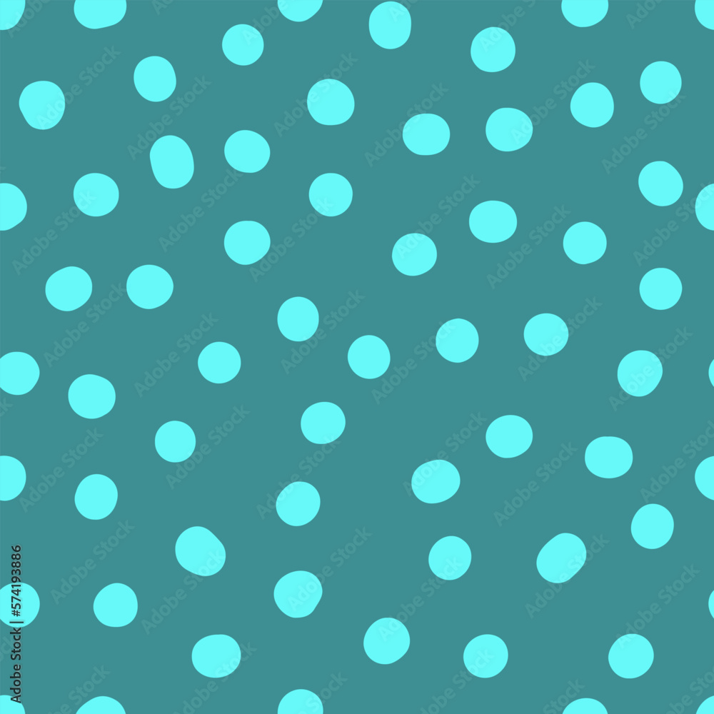 Seamless neutral polka dots pattern. Blue hand-drawn circles on celadon background. Abstract Random points ornament. Vector doodle illustration for wallpaper, fabric, print, wrapping paper, textile