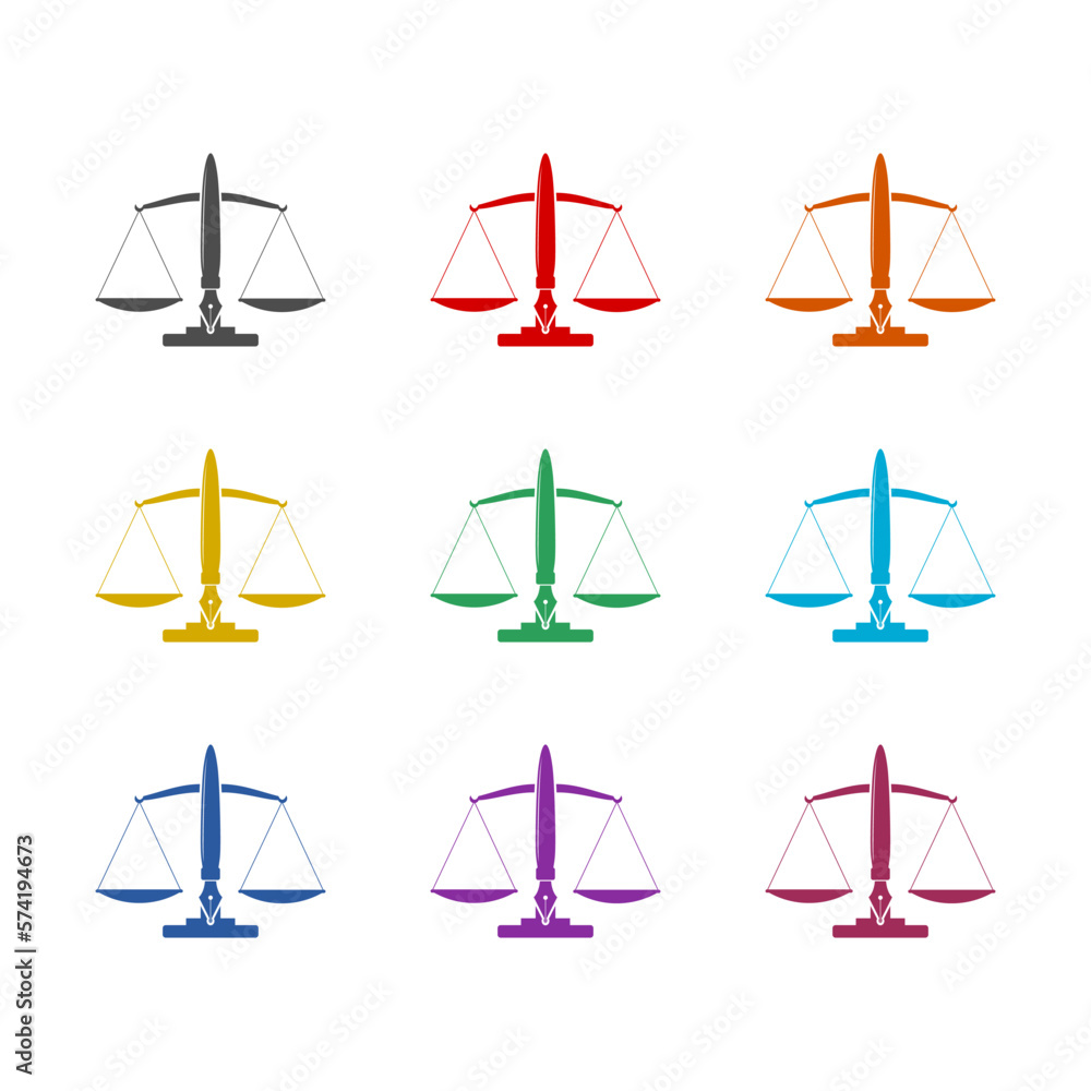Symbol of law and justice scale pen icon isolated on white background. Set icons colorful Symbol of law and justice scale pen icon isolated on white background. Set icons colorful