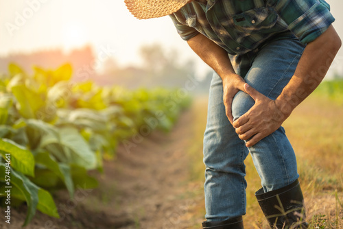 Wallpaper Mural Injuries or Illnesses, that can happen to farmers while working. Man is using his hand to cover over knee because of hurt,  pain or feeling ill. Torontodigital.ca
