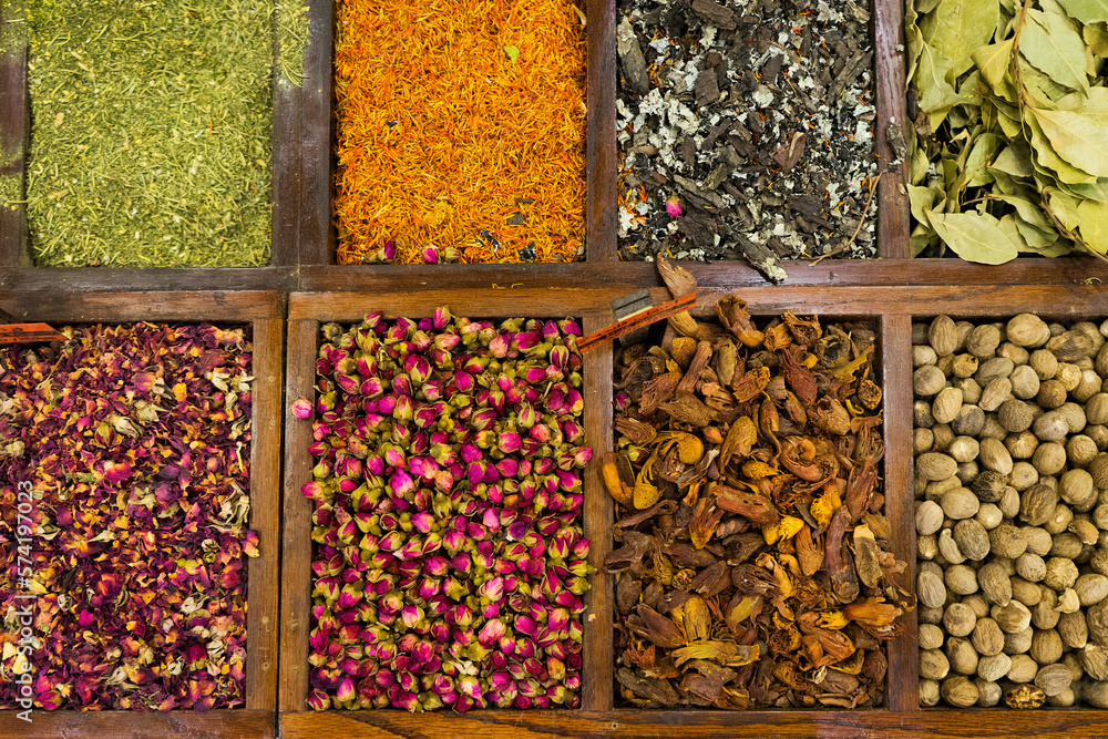 Spices, nuts and dried flowers on display for sale at a Spice Market in Amman, Jordan Spices, nuts and dried flowers on display for sale at a Spice Market in Amman, Jordan
