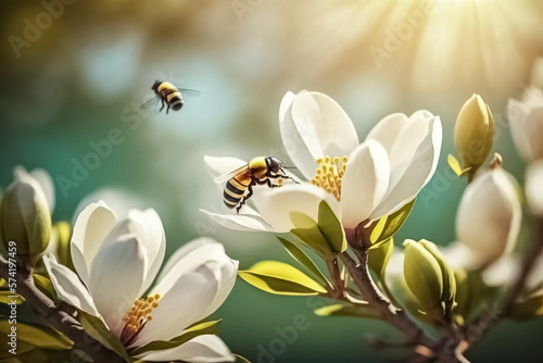 Beautiful flying group of bees on a flower collecting pollen at white blossom branch. Bees flying over the white flower. Beautiful blurred spring floral background nature. generative AI 