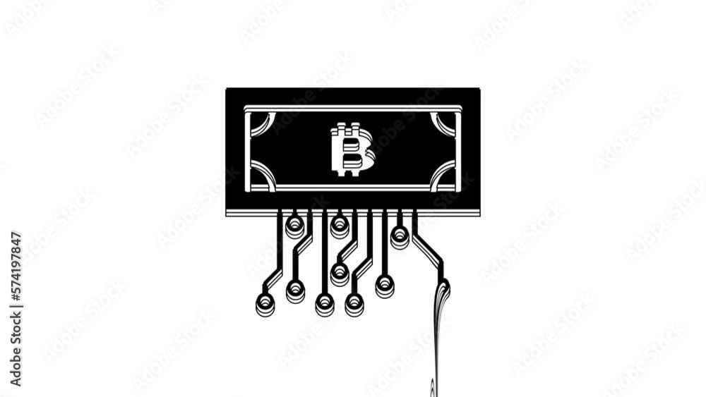 Black Cryptocurrency bitcoin in circle with microchip circuit icon isolated on white background. Blockchain technology, digital money market. 4K Video motion graphic animation Black Cryptocurrency bitcoin in circle with microchip circuit icon isolated on white background. Blockchain technology, digital money market. 4K Video motion graphic animation