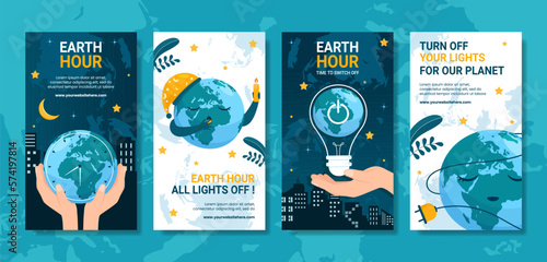 Happy Earth Hour National Day Social Media Stories Flat Cartoon Hand Drawn Templates Illustration