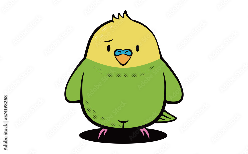 Fototapeta premium マスコットキャラクター風デザインのシンプルポップな可愛い緑と黄色インコのおしゃれ小鳥イラスト_困る・悩む・困惑_ベクター素材