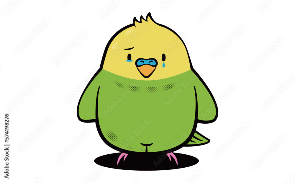 Fototapeta premium マスコットキャラクター風デザインのシンプルポップな可愛い緑と黄色インコのおしゃれ小鳥イラスト_泣く・悲しむ・涙_ベクター素材