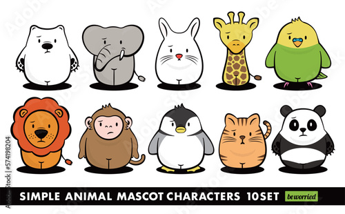 マスコットキャラクター風デザインのシンプルポップな可愛い動物のおしゃれイラストセット_動物園・水族館・ペット_困る・悩む・困惑_ベクター素材