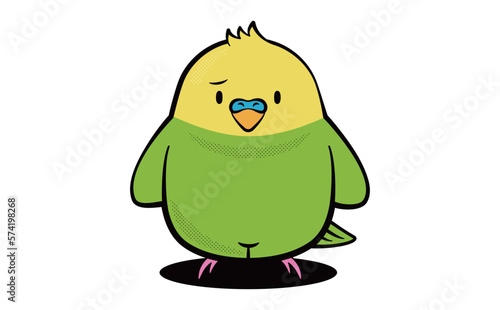 マスコットキャラクター風デザインのシンプルポップな可愛い緑と黄色インコのおしゃれ小鳥イラスト_困る・悩む・困惑_ベクター素材