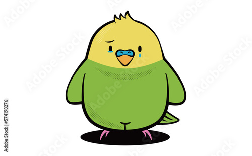 マスコットキャラクター風デザインのシンプルポップな可愛い緑と黄色インコのおしゃれ小鳥イラスト_泣く・悲しむ・涙_ベクター素材
