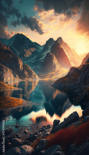 Beautiful landscape of mountains with lake, colorful scene during sunset