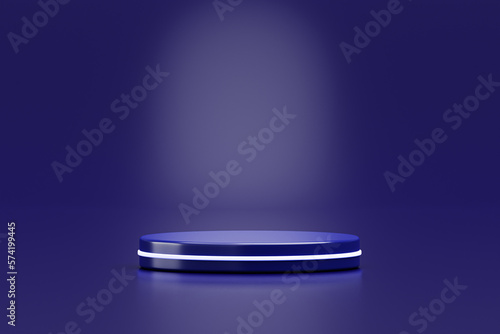 Blue cylinder podium with neon light bulb pedestal stage product display background 3D illustration empty display showroom presentation for product placement