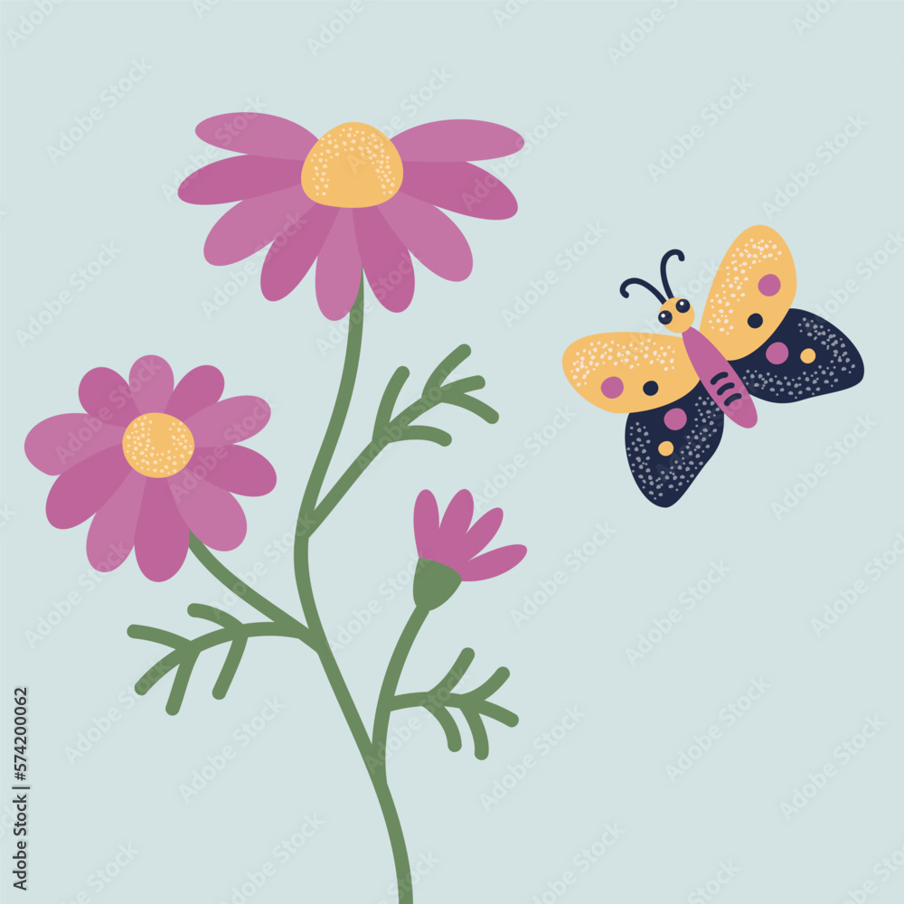 Fototapeta premium Flower and butterfly. Vector illustration of stylized plants and insects in cartoon style. Isolated on a blue background.
