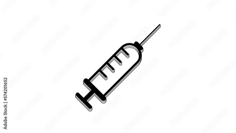 Black Syringe icon isolated on white background. Syringe for vaccine, vaccination, injection, flu shot. Medical equipment. 4K Video motion graphic animation Black Syringe icon isolated on white background. Syringe for vaccine, vaccination, injection, flu shot. Medical equipment. 4K Video motion graphic animation