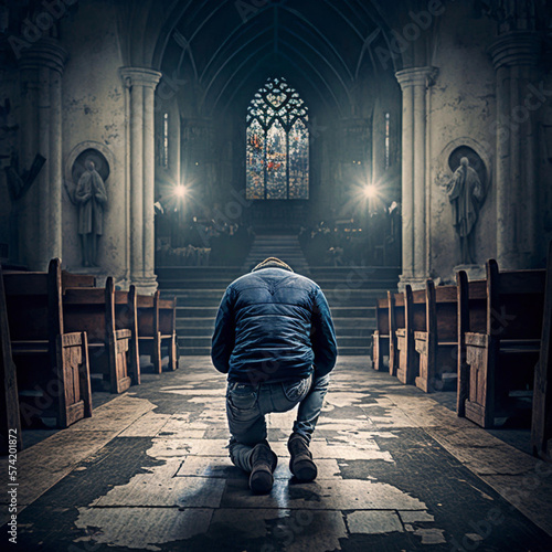 Man praying on his knees in a church. Generative AI.