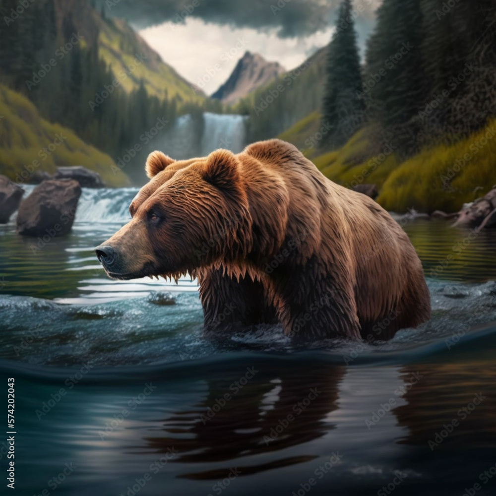 Brown bear in the river. Generative AI. Brown bear in the river. Generative AI.