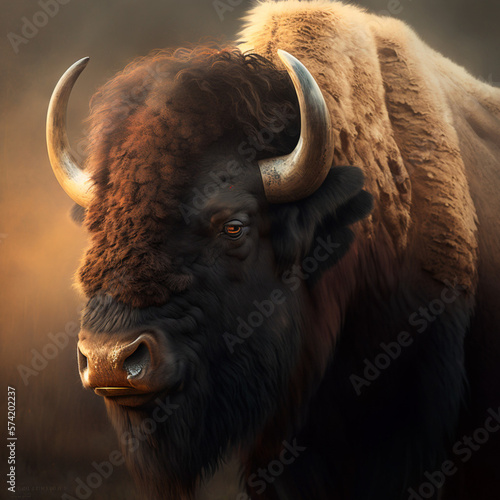 Portrait of a wild buffalo. Generative AI.