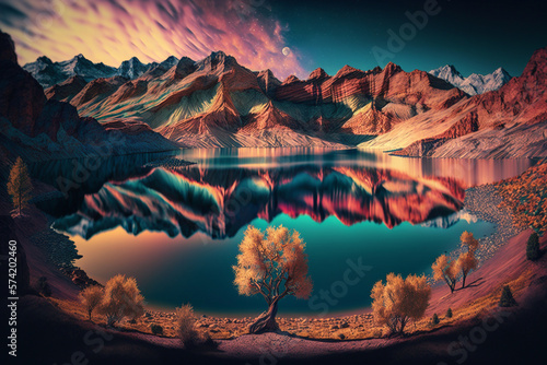 Beautiful landscape of mountains with lake, colorful scene during sunset © Alcuin