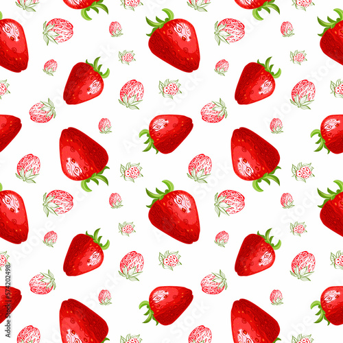 Seamless pattern with berries of strawberry on white background. Template for kitchen design, packaging for food, paper, textiles.