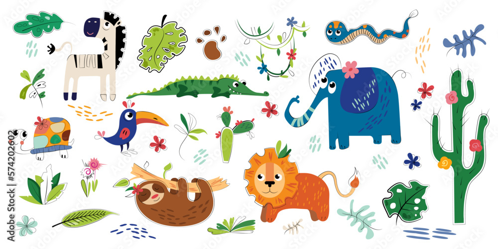 Baby hand-drawn design for textile, posters, cards. Large set of cute animals, crocodile, zebra, elephant, sloth, elephant in boho style. Colorful illustration isolated on a white background Baby hand-drawn design for textile, posters, cards. Large set of cute animals, crocodile, zebra, elephant, sloth, elephant in boho style. Colorful illustration isolated on a white background