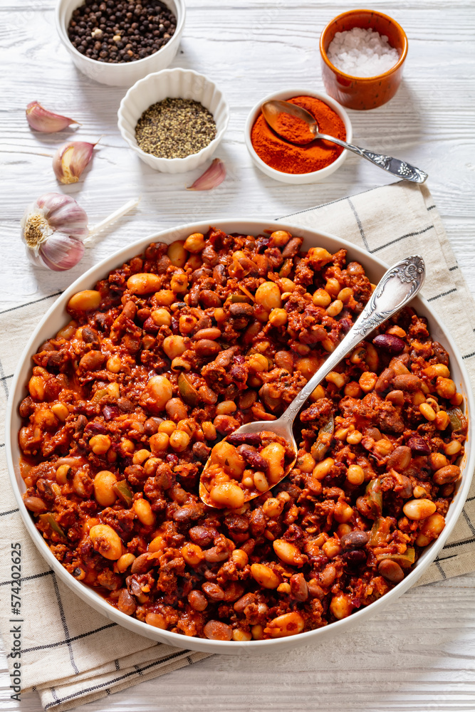 Beans and Sausage bake in baking dish, top view Beans and Sausage bake in baking dish, top view