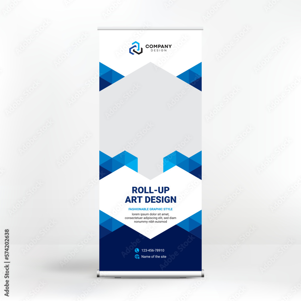 Geometric design, roll-up, creative blue background, template for photo and text placement, presentations Geometric design, roll-up, creative blue background, template for photo and text placement, presentations