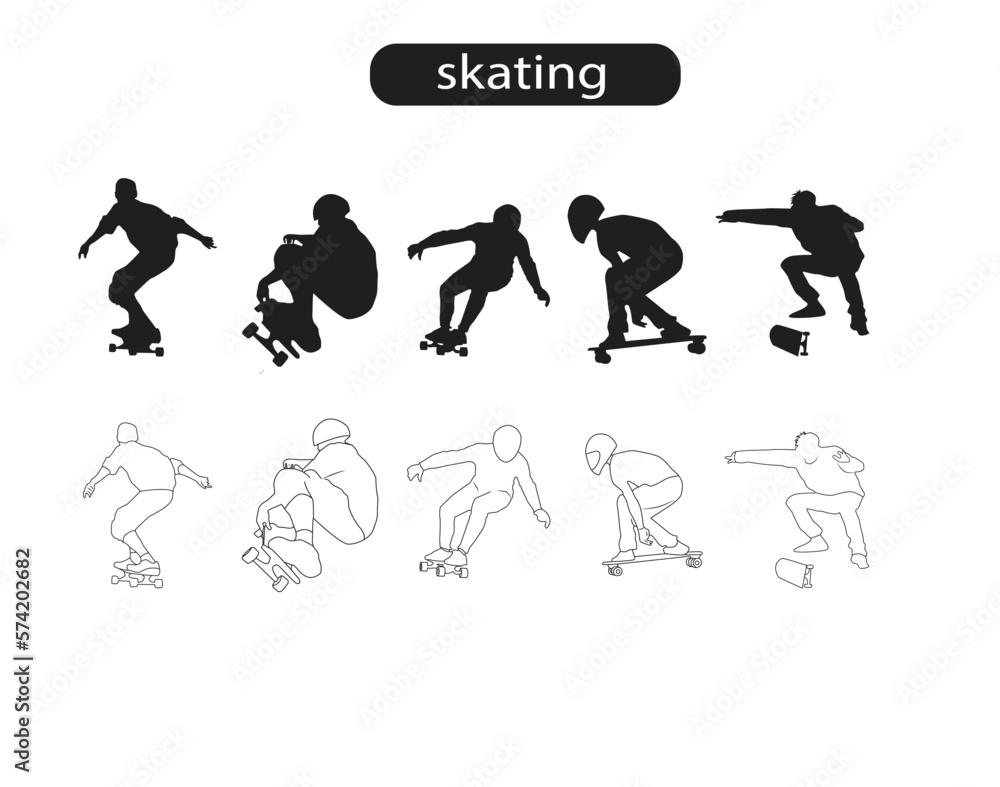 Skating People Silhouette and Line Icons Vector Illustration Skating People Silhouette and Line Icons Vector Illustration