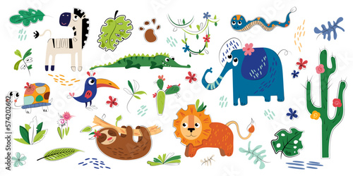 Fototapeta Naklejka Na Ścianę i Meble -  Baby hand-drawn design for textile, posters, cards. Large set of cute animals, crocodile, zebra, elephant, sloth, elephant in boho style.  Colorful illustration isolated on a white background