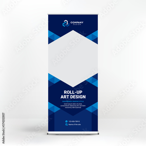 Geometric design, roll-up, creative blue background, template for photo and text placement, presentations