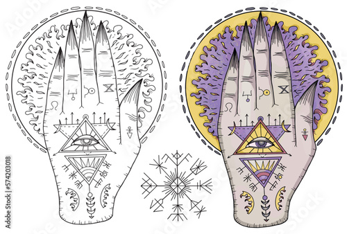Vector Mystic illustration with occult, esoteric and gothic symbol of astral hand isolated on white, black and white and colorful set of mysterious emblem and Halloween concept