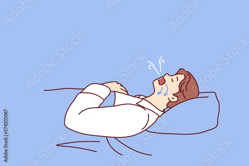 Man dozing on back in bed snores and has problems during obstructive sleep apnea. Guy suffering from obstructive sleep apnea with arrows on face pointing to airways that promote snoring