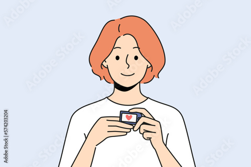 Smiling woman using pulse oximeter checking oxygen saturation. Happy female patient with medical equipment measure blood and pulse rate. Healthcare. Vector illustration. 