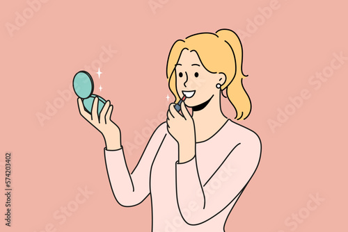 Smiling woman look in mirror putting red lipstick. Happy girl doing makeup with beauty products, getting ready. Cosmetics concept. Vector illustration. 