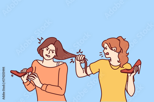 Quarrel of women tearing opponents hair and shouting insults during conflict over last shoes in store. Young girls conflict trying to get scarce pair of shoes in fight at bargain sale 