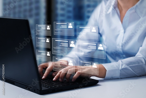 Human resources and management concept. Employee must complete the online survey form. Marked checklist on a clipboard.