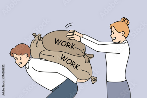 Businesswoman put more weight to struggling male colleague or coworker. Female employer or boss overwhelm male employee with workload. Vector illustration. 