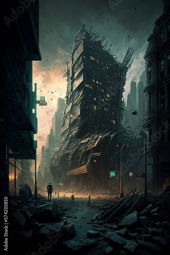Dystopian City with a guy walking towards it huge building architecture