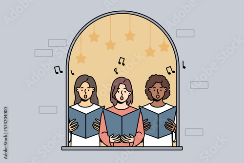 Girls in house window singing together. Female singers sing in choir, engaged in musical group activity. Vector illustration. 