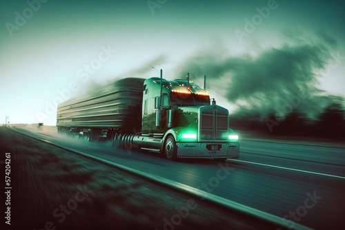 A green cargo truck driving through a hazy, green meadow in the early morning light - AI