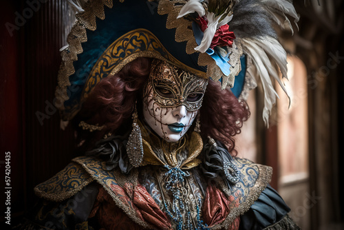 Portrait of a man in a traditional Venetian carnival costume with a mask and ornaments. Generative ai