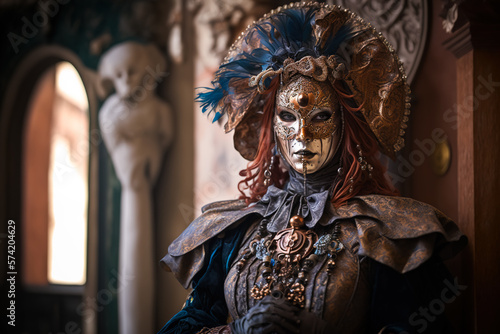 Portrait of a woman in a traditional Venetian carnival costume with a mask and ornaments. Generative ai