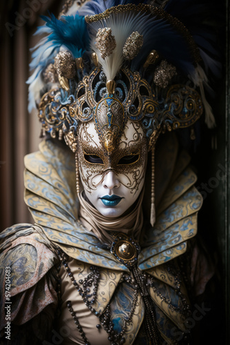Portrait of a woman in a traditional Venetian carnival costume with a mask and ornaments. Generative ai © Lukas Juszczak