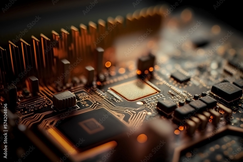 Motherboard and processor cinematic concept art, render, macro shot