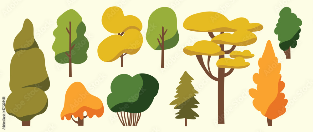 Set of cartoon trees vector. Simple modern style flat forest, jungle, pine trees, cute hand drawn deciduous plants. Design illustration for agricultural garden, nature park, comic landscape, game. Set of cartoon trees vector. Simple modern style flat forest, jungle, pine trees, cute hand drawn deciduous plants. Design illustration for agricultural garden, nature park, comic landscape, game.