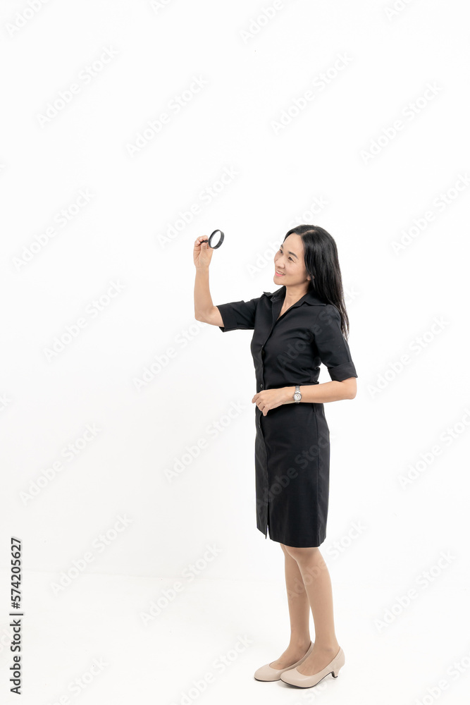 Accountant gestures for a magnifying glass to shine Business accounting audit concept isolated through white background Accountant gestures for a magnifying glass to shine Business accounting audit concept isolated through white background