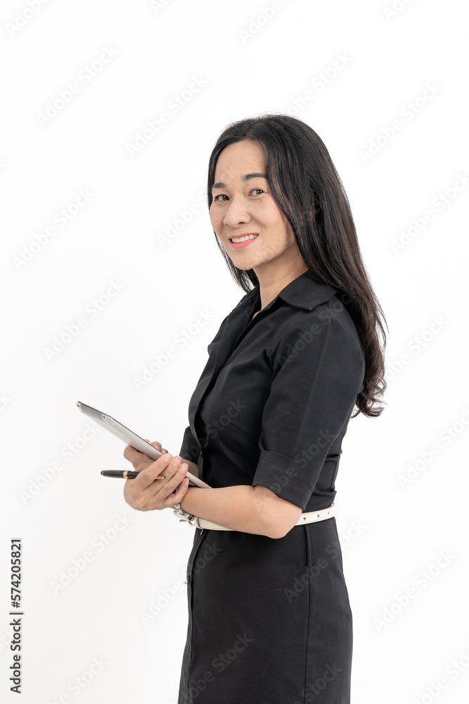 Image of young asian woman, company worker in glasses, smiling and holding digital tablet, standing over white background Image of young asian woman, company worker in glasses, smiling and holding digital tablet, standing over white background